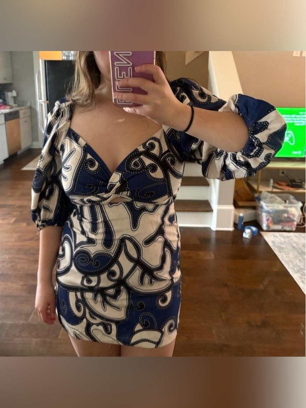 Navy and Cream Printed Puff-Sleeve Mini Dress
